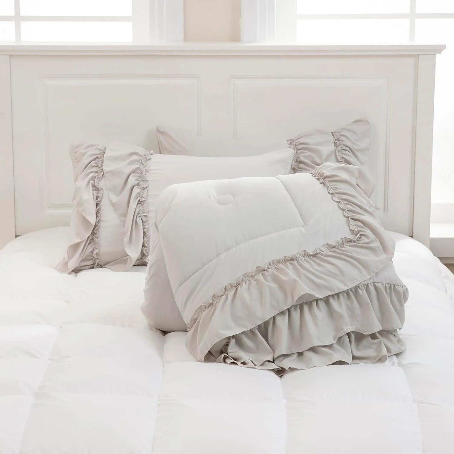 Beige Comfrter Set King Size Boho Bedding Set Shabby Chic 2 Layers Ruffles Bedroom Home Decor Ultra Soft Microfiber Farmhouse Down Comforter Bohemian Quilt Set for Girls Women
