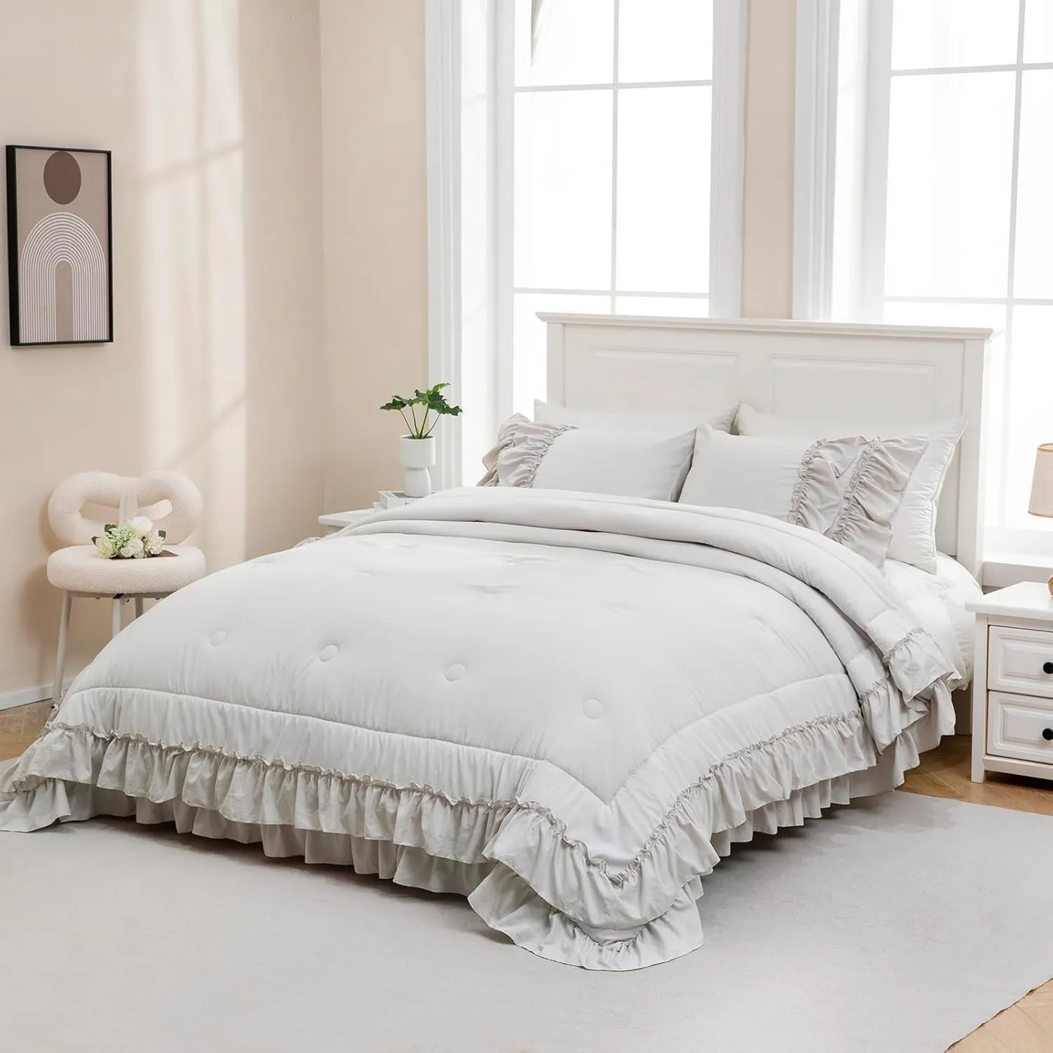 Beige Comfrter Set King Size Boho Bedding Set Shabby Chic 2 Layers Ruffles Bedroom Home Decor Ultra Soft Microfiber Farmhouse Down Comforter Bohemian Quilt Set for Girls Women