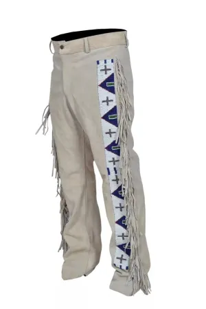 Beige Suede Leather Fringe Pants Native Beaded Pants For Men Western Pant MFP3001