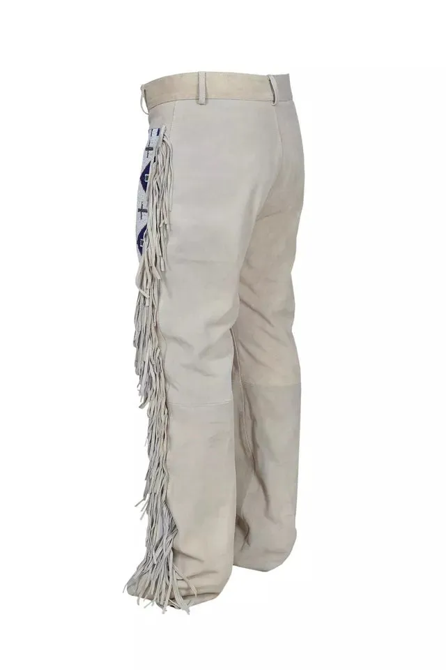 Beige Suede Leather Fringe Pants Native Beaded Pants For Men Western Pant MFP3001