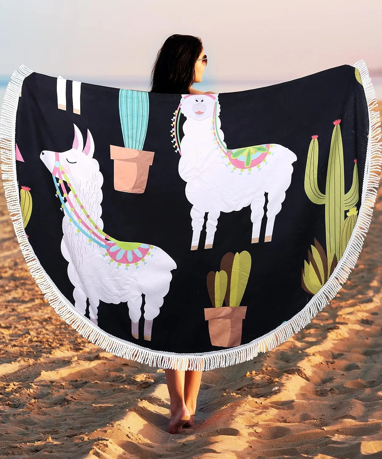Benefeet Sox Beach Towel Round Animal Microfiber Round Beach Blanket Oversized Hawaiian Bohemian Boho Sand Proof Absorbent Circle Swim Towels with Tassels Gifts for Women, 59 Inches Llama Cactus