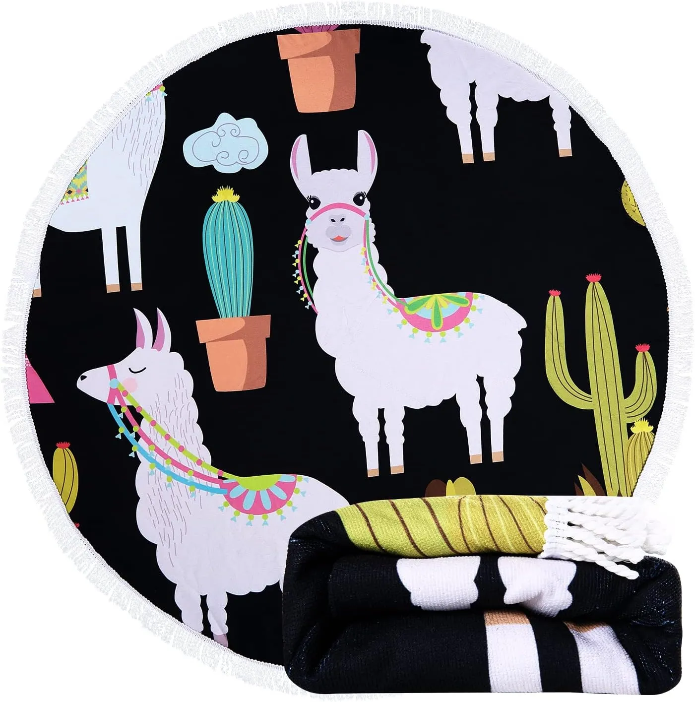 Benefeet Sox Beach Towel Round Animal Microfiber Round Beach Blanket Oversized Hawaiian Bohemian Boho Sand Proof Absorbent Circle Swim Towels with Tassels Gifts for Women, 59 Inches Llama Cactus