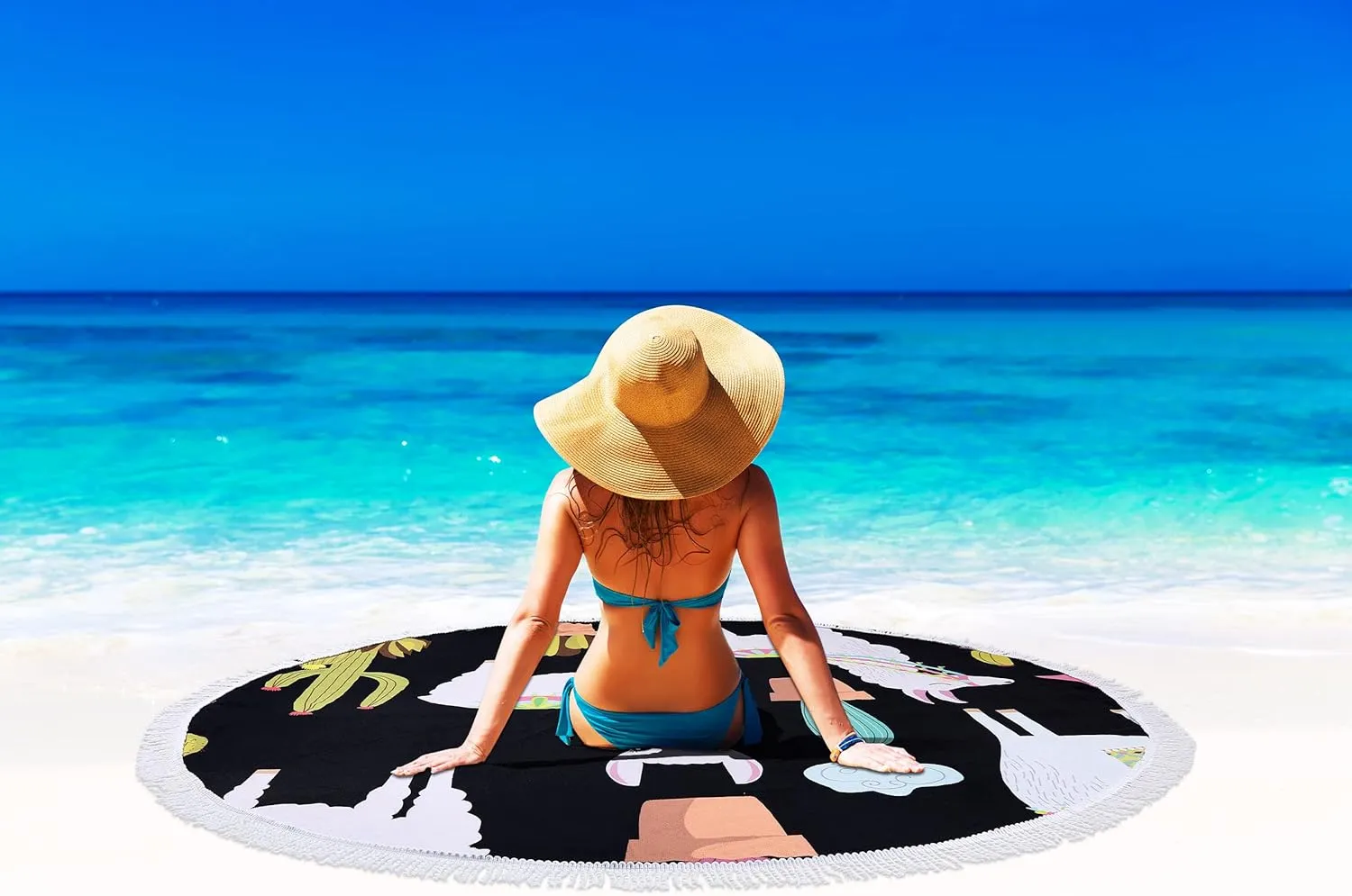 Benefeet Sox Beach Towel Round Animal Microfiber Round Beach Blanket Oversized Hawaiian Bohemian Boho Sand Proof Absorbent Circle Swim Towels with Tassels Gifts for Women, 59 Inches Llama Cactus