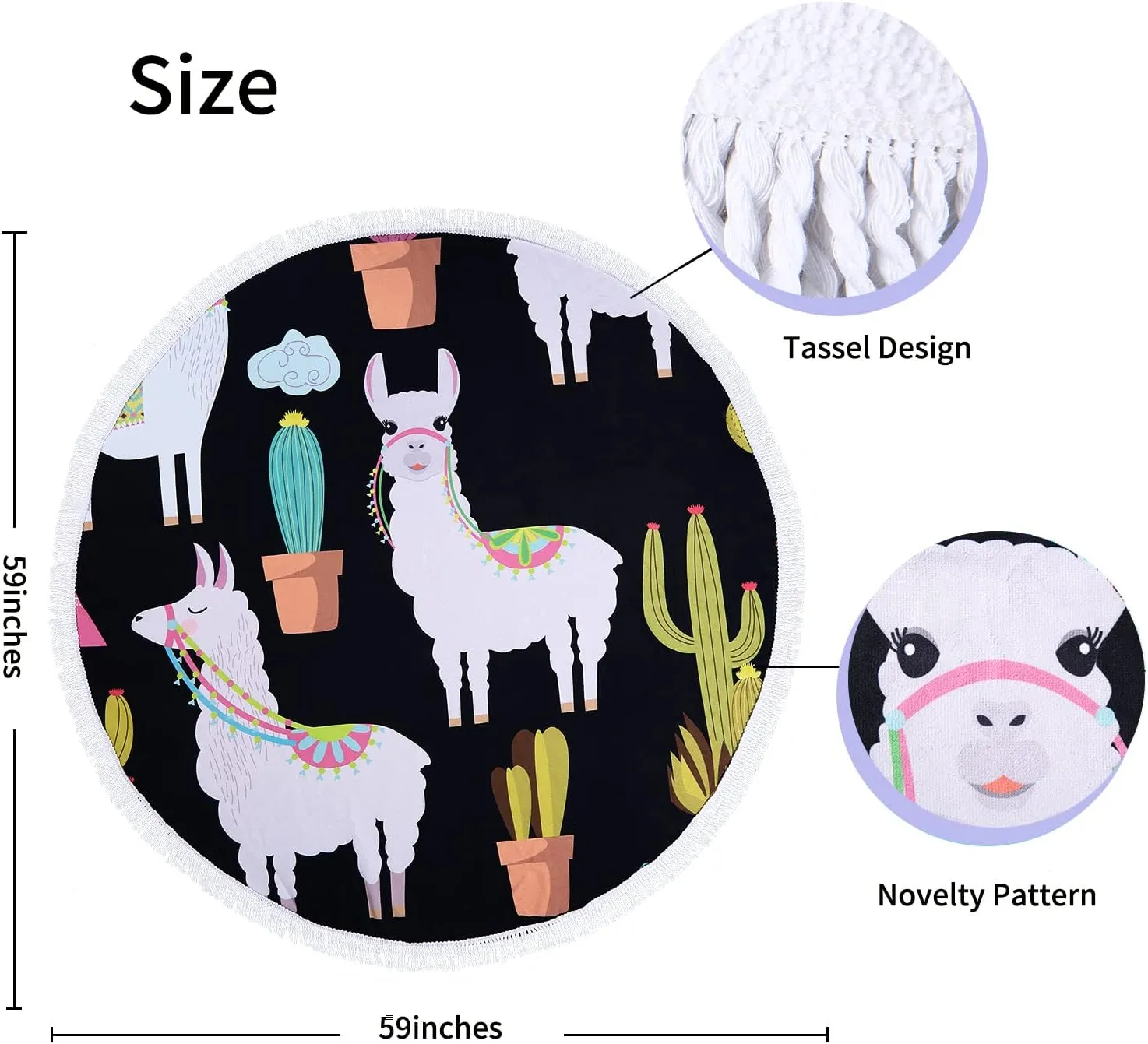 Benefeet Sox Beach Towel Round Animal Microfiber Round Beach Blanket Oversized Hawaiian Bohemian Boho Sand Proof Absorbent Circle Swim Towels with Tassels Gifts for Women, 59 Inches Llama Cactus