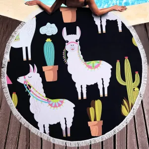 Benefeet Sox Beach Towel Round Animal Microfiber Round Beach Blanket Oversized Hawaiian Bohemian Boho Sand Proof Absorbent Circle Swim Towels with Tassels Gifts for Women, 59 Inches Llama Cactus