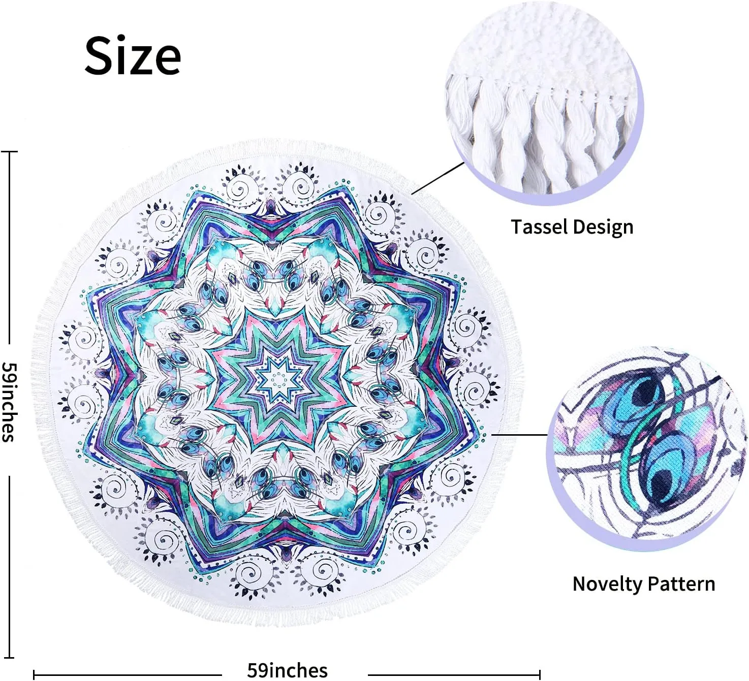 Benefeet Sox Beach Towel Round Mandala Microfiber Bohemian Boho Round Beach Blanket Oversized Sand Proof Absorbent Circle Swim Towels with Tassels Gifts for Women, 59 Inches Blue White Mandala