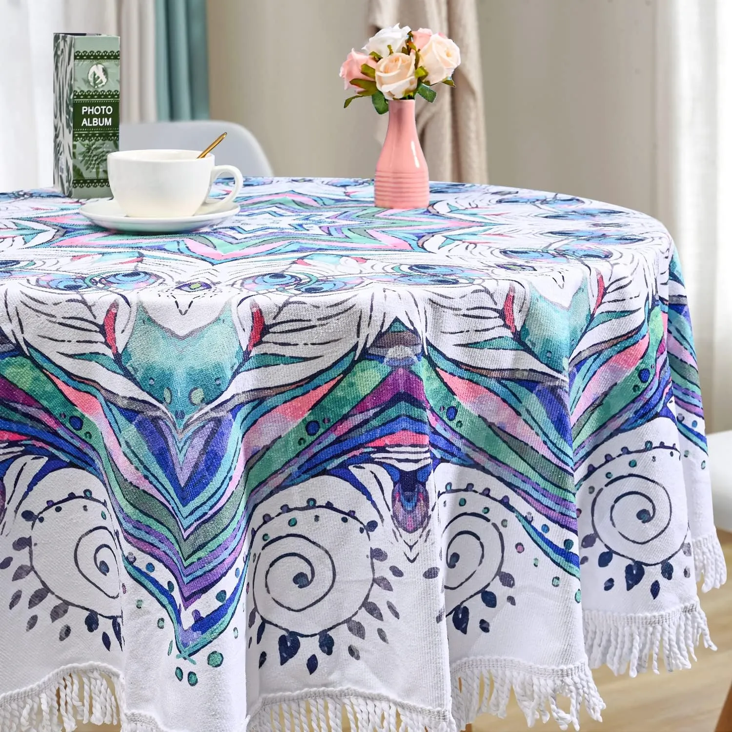 Benefeet Sox Beach Towel Round Mandala Microfiber Bohemian Boho Round Beach Blanket Oversized Sand Proof Absorbent Circle Swim Towels with Tassels Gifts for Women, 59 Inches Blue White Mandala