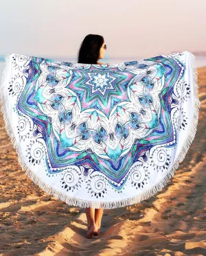 Benefeet Sox Beach Towel Round Mandala Microfiber Bohemian Boho Round Beach Blanket Oversized Sand Proof Absorbent Circle Swim Towels with Tassels Gifts for Women, 59 Inches Blue White Mandala