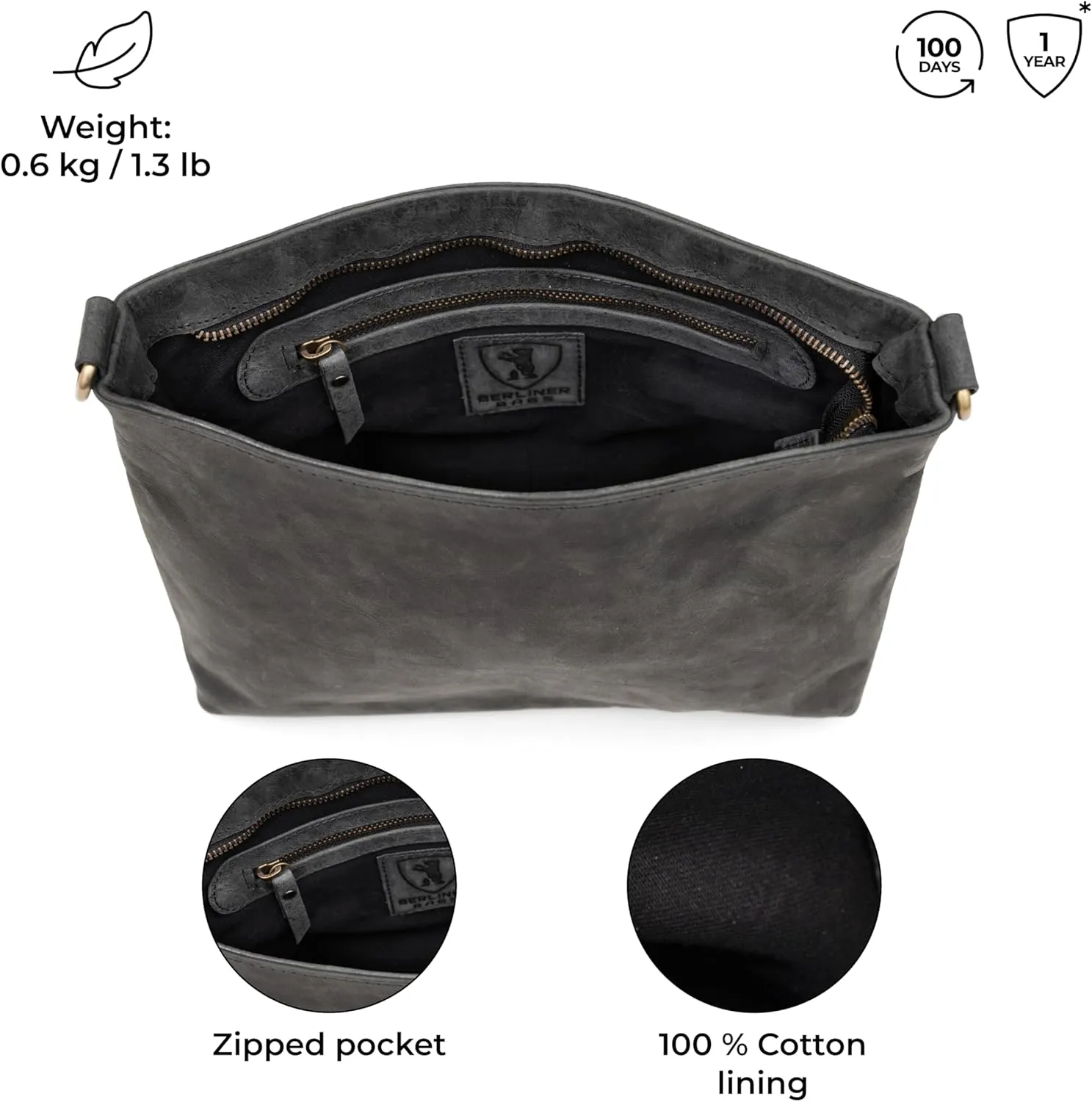 BERLINER BAGS Vintage Genuine Leather Shoulder Bag Marbella, Crossbody Purse for Women, Satchel Bag