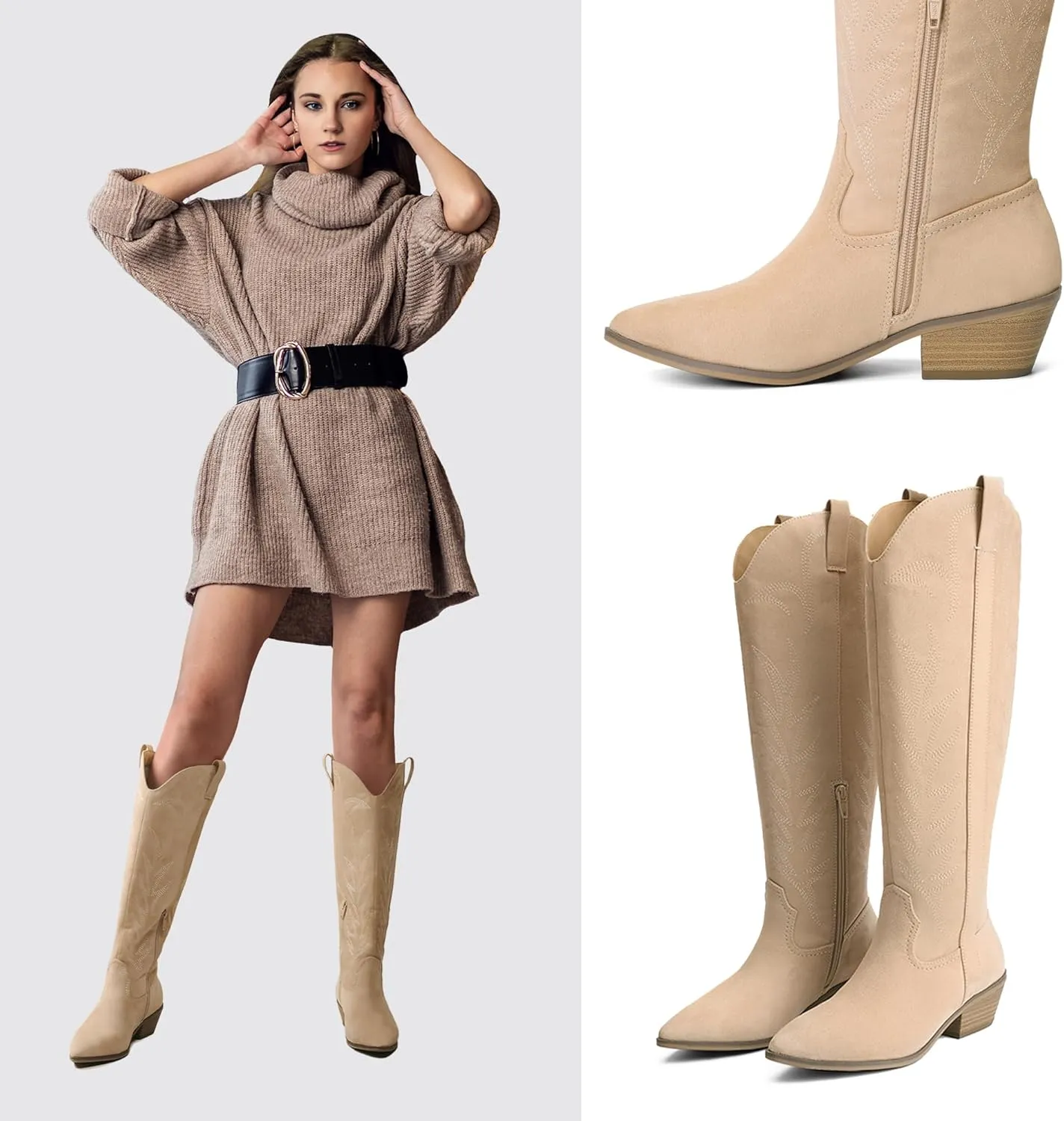 Bigwow Women's Western Cowboy Knee-High Boots Suede Embroidery Pointed Toe Tall Boots Side Zipper Low Chunky Heel Long Boots for Ladies
