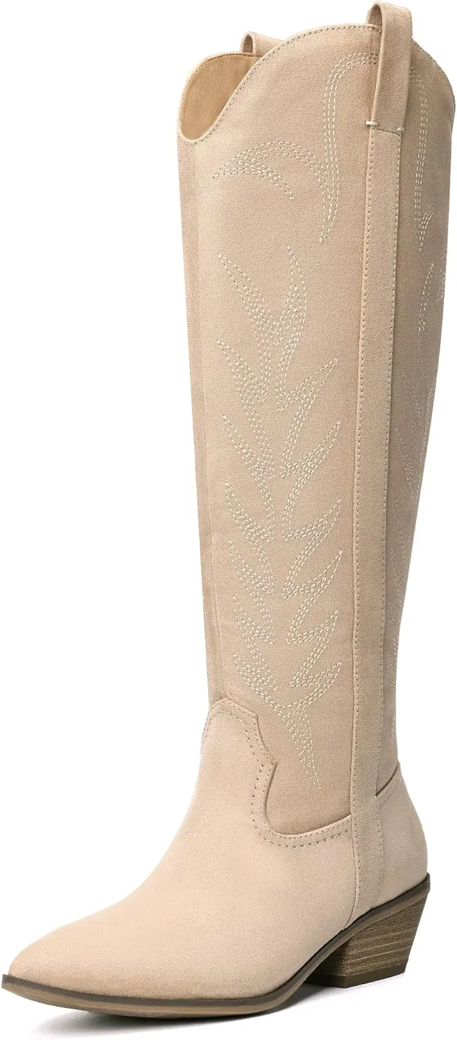 Bigwow Women's Western Cowboy Knee-High Boots Suede Embroidery Pointed Toe Tall Boots Side Zipper Low Chunky Heel Long Boots for Ladies