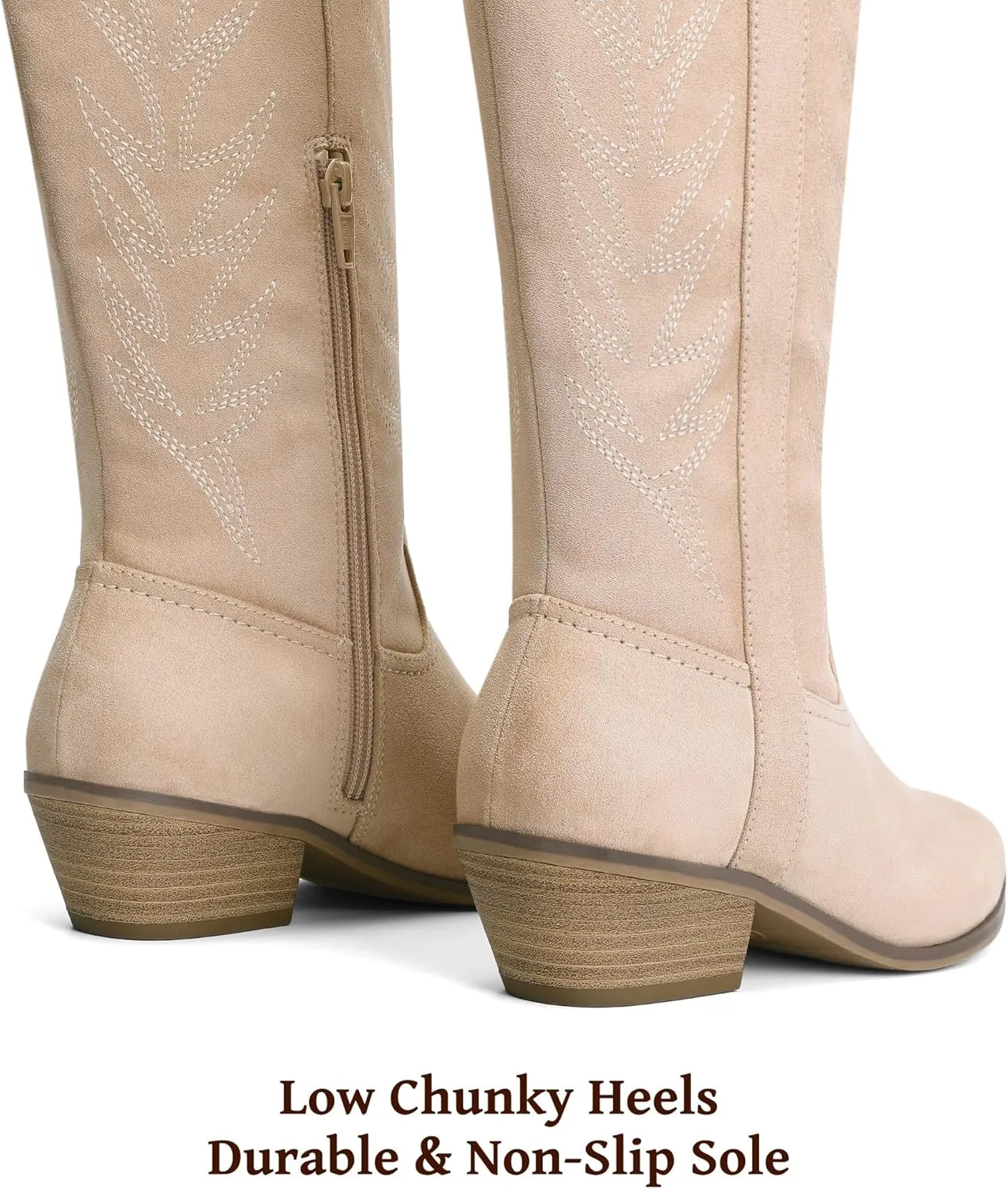 Bigwow Women's Western Cowboy Knee-High Boots Suede Embroidery Pointed Toe Tall Boots Side Zipper Low Chunky Heel Long Boots for Ladies