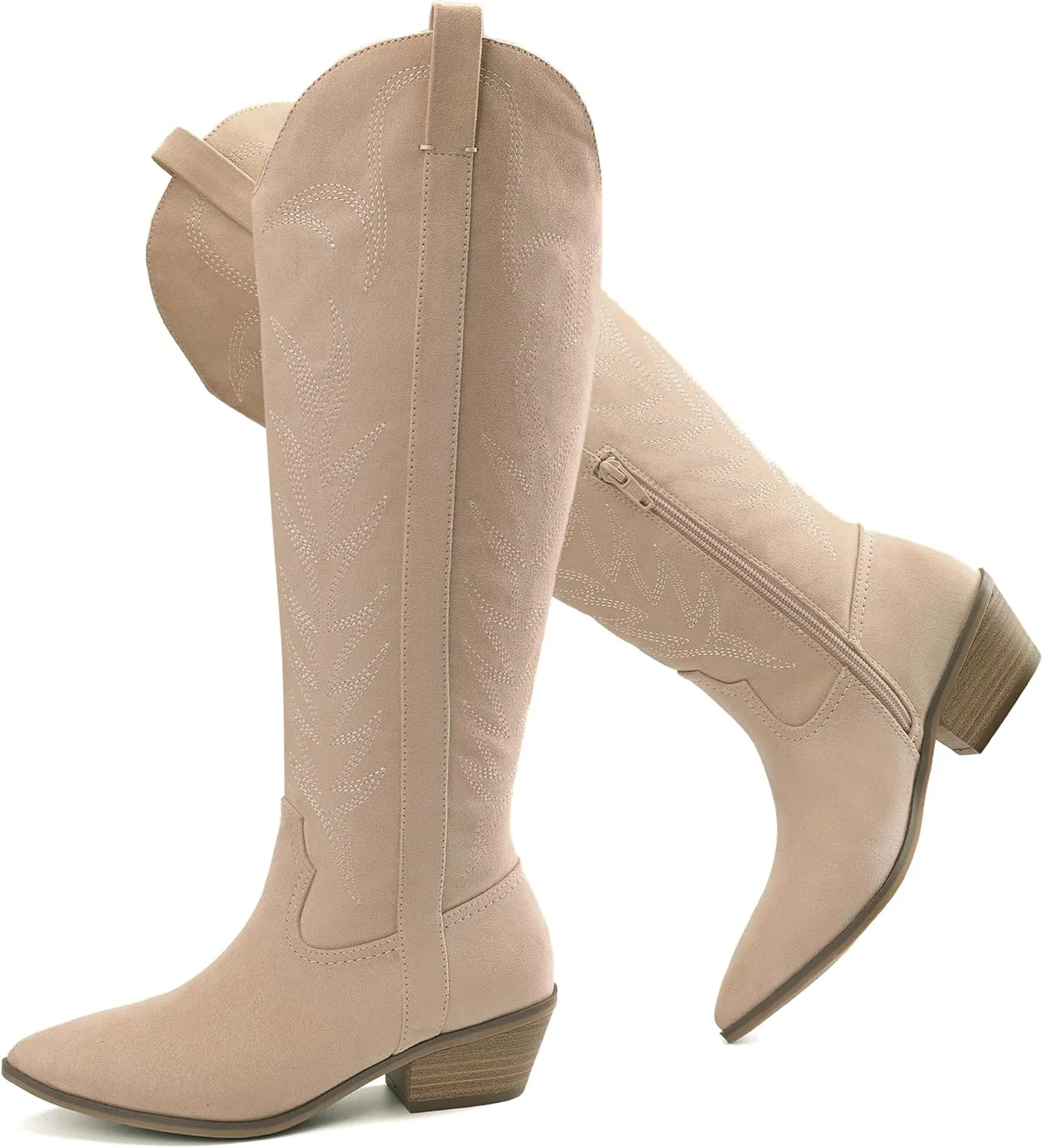 Bigwow Women's Western Cowboy Knee-High Boots Suede Embroidery Pointed Toe Tall Boots Side Zipper Low Chunky Heel Long Boots for Ladies