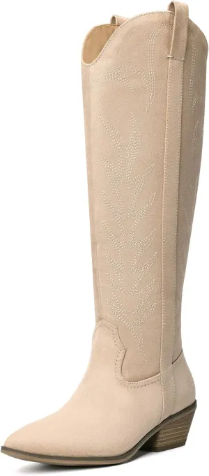 Bigwow Women's Western Cowboy Knee-High Boots Suede Embroidery Pointed Toe Tall Boots Side Zipper Low Chunky Heel Long Boots for Ladies