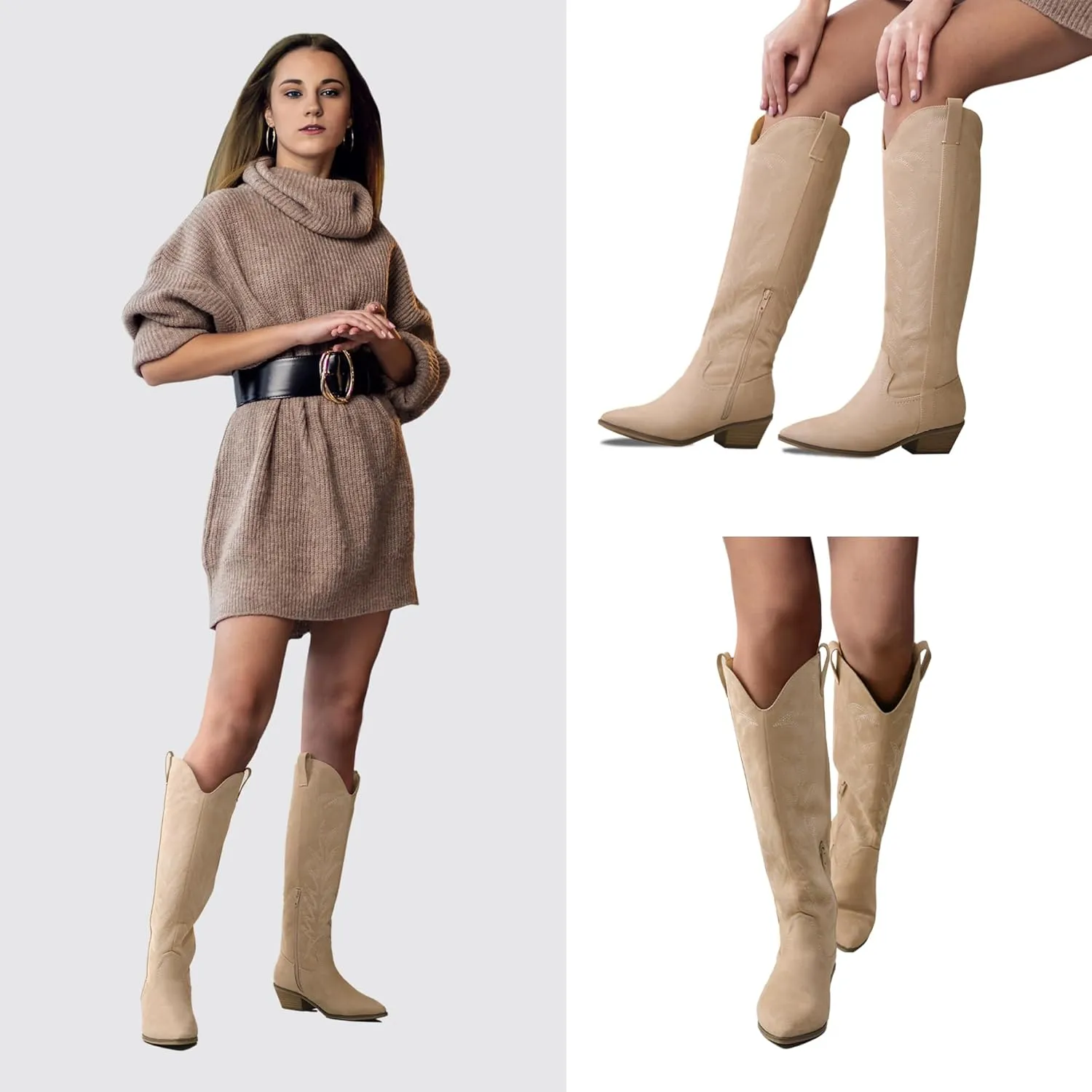 Bigwow Women's Western Cowboy Knee-High Boots Suede Embroidery Pointed Toe Tall Boots Side Zipper Low Chunky Heel Long Boots for Ladies