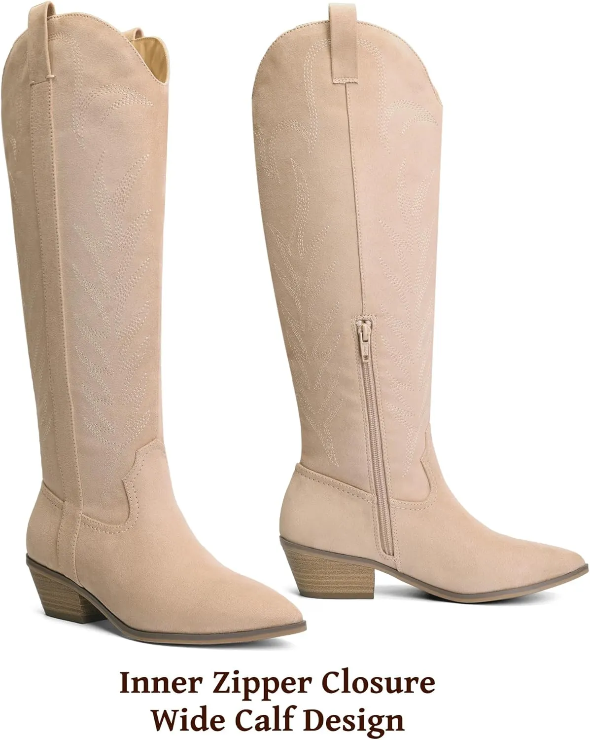 Bigwow Women's Western Cowboy Knee-High Boots Suede Embroidery Pointed Toe Tall Boots Side Zipper Low Chunky Heel Long Boots for Ladies