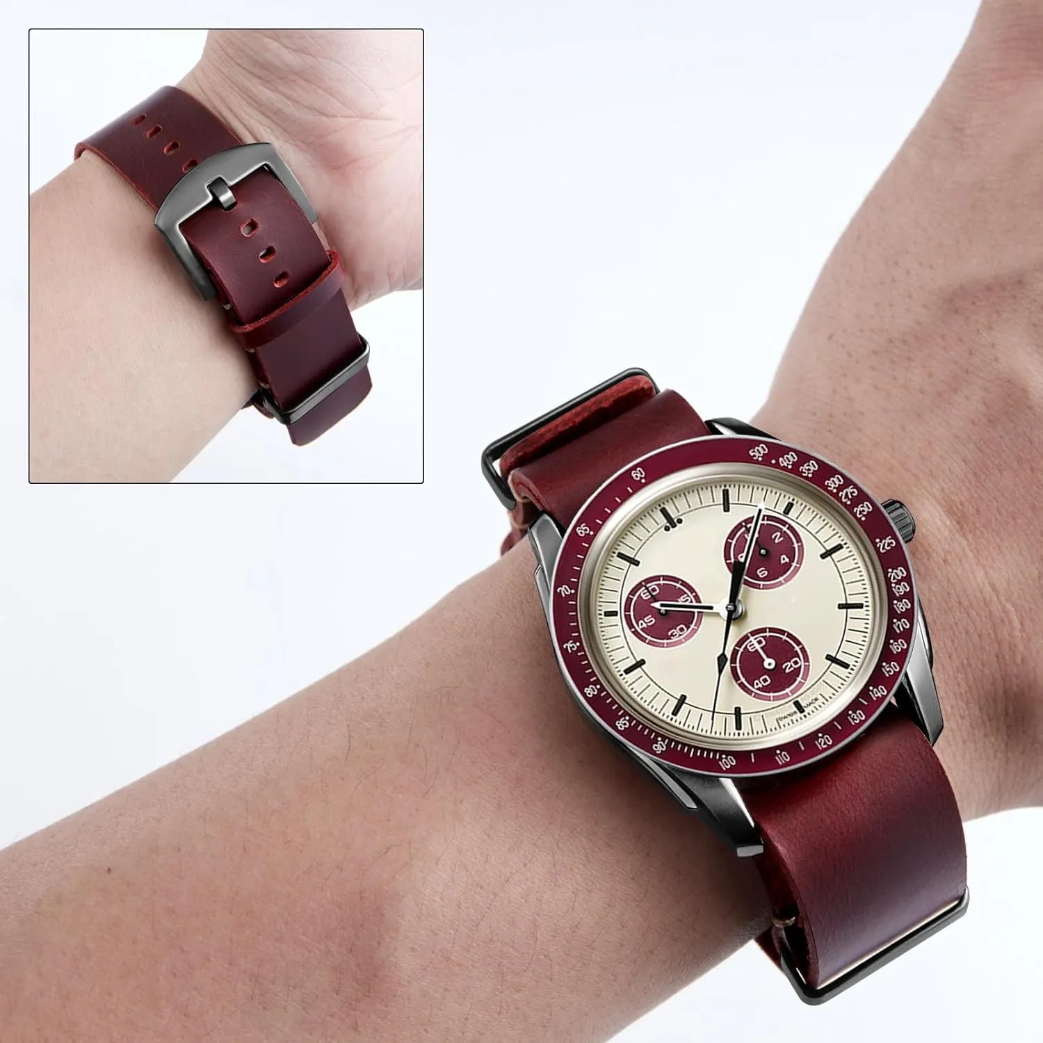BINLUN Leather Watch Band Crazy Horse Oiled Leather Watch Straps 18mm 19mm 20mm 21mm 22mm 24mm Replacement One-Piece Watchbands for Men and Women Silver & Black Buckle