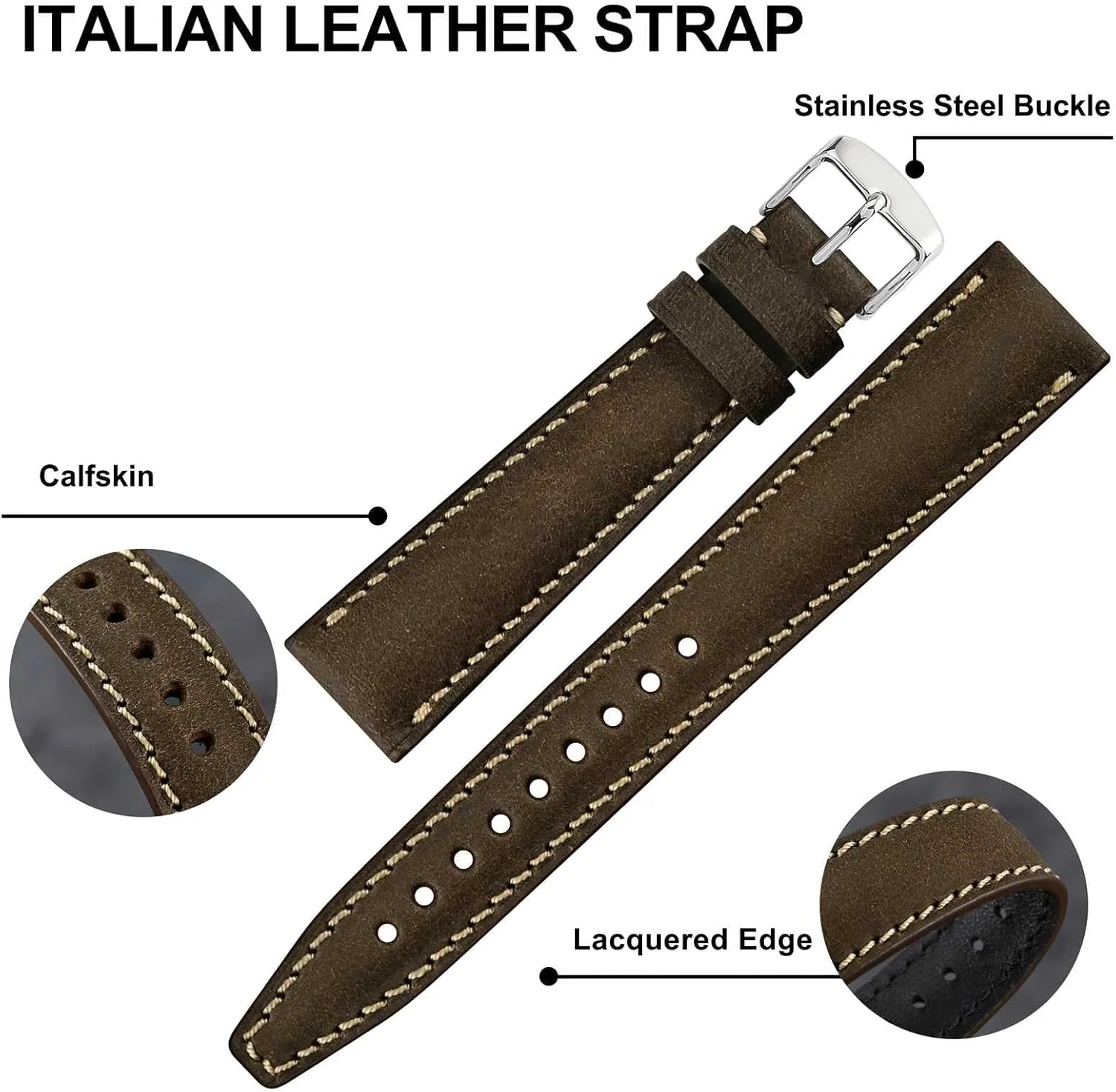 BISONSTRAP Italian Leather Watch Straps, Collector Series Watch Bands, Extra Long Length, 18mm 20mm 22mm