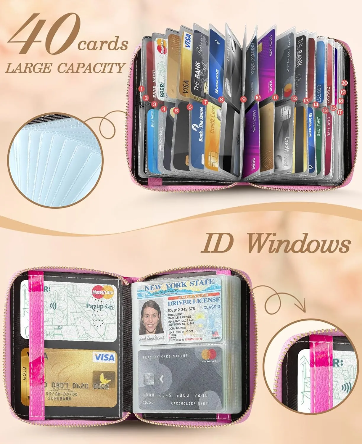 Bistup 【40 Slots Credit Card Holder for Women Girls Cute RFID Blocking Card Organizer Leather Cardholder Protector for Lady Female Large Capacity Size Big Zipper Wallet Lips Cool Aesthetic Unique