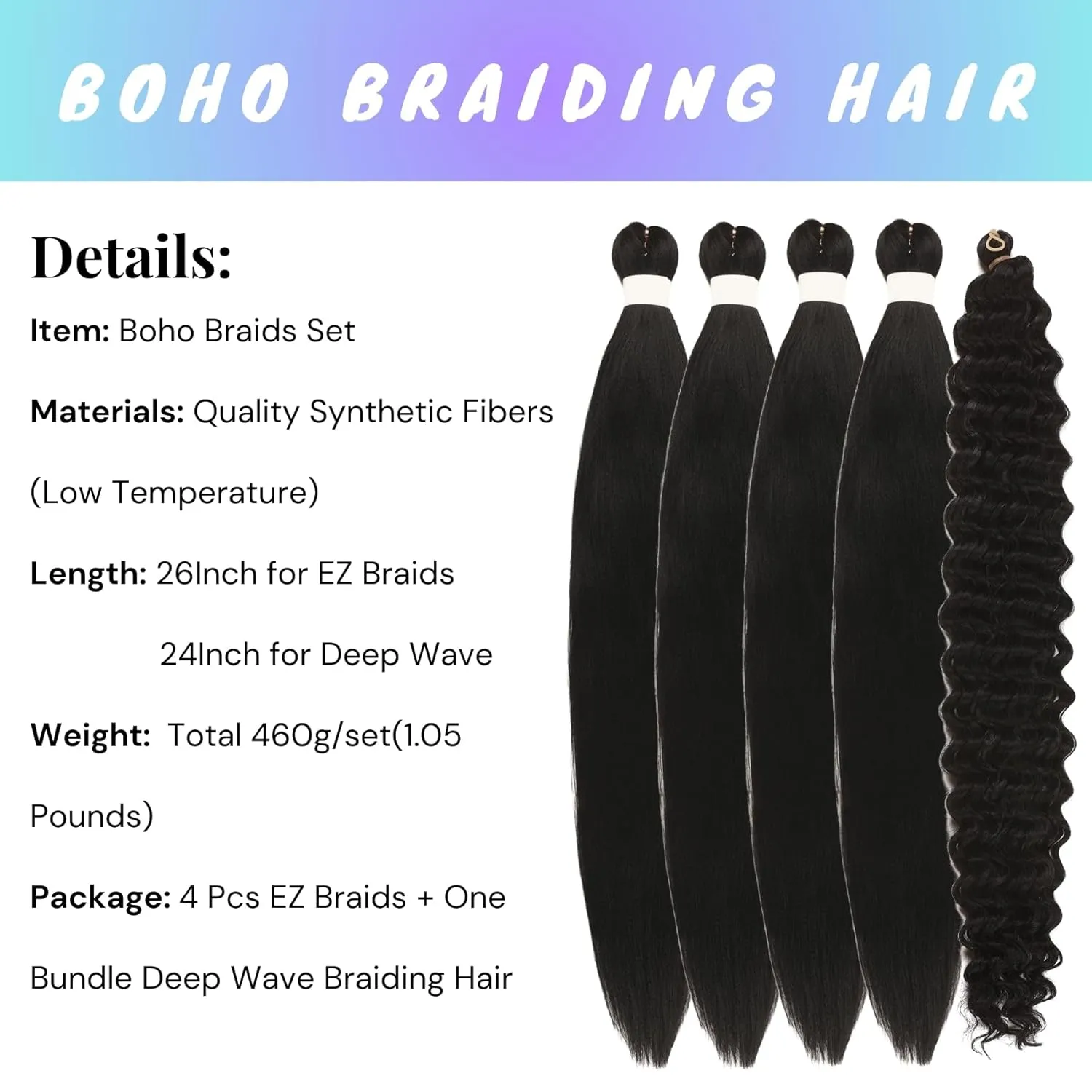 Black Braiding Hair Pre Stretched for Boho Braids Synthetic Prestretched EZ Braiding Hair for Knotless Box Braids Bohemian Braids Goddess Braids (Total 5 Packs)