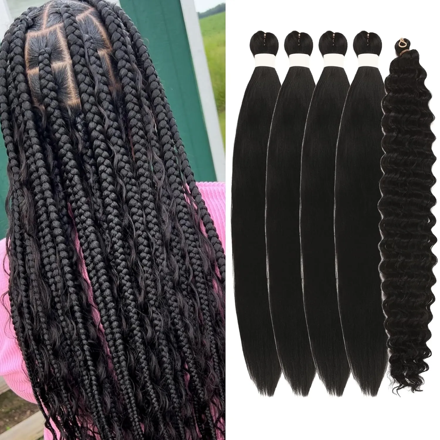 Black Braiding Hair Pre Stretched for Boho Braids Synthetic Prestretched EZ Braiding Hair for Knotless Box Braids Bohemian Braids Goddess Braids (Total 5 Packs)