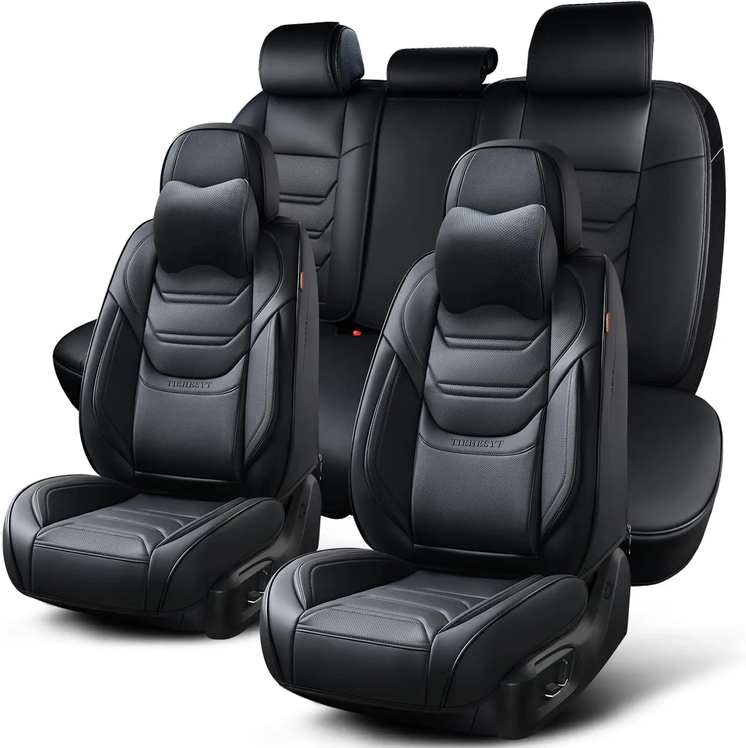 Black Car Seat Covers Full Set, Breathable Leather Automotive Front and Rear Seat Covers with Headrest, Waterproof Auto Seat Protectors Fit for Most Sedans SUV Pick-up Truck