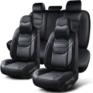 Black Car Seat Covers Full Set, Breathable Leather Automotive Front and Rear Seat Covers with Headrest, Waterproof Auto Seat Protectors Fit for Most Sedans SUV Pick-up Truck