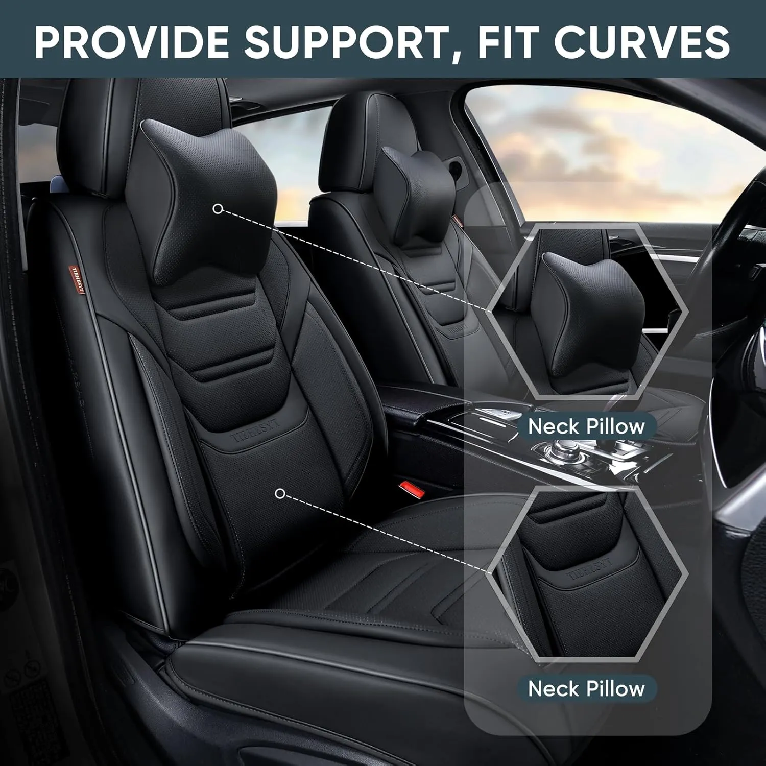 Black Car Seat Covers Full Set, Breathable Leather Automotive Front and Rear Seat Covers with Headrest, Waterproof Auto Seat Protectors Fit for Most Sedans SUV Pick-up Truck