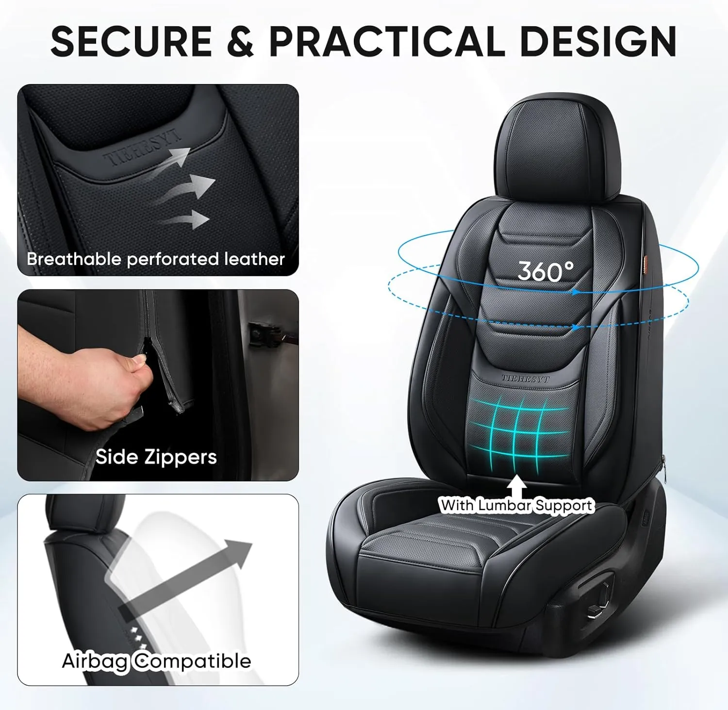 Black Car Seat Covers Full Set, Breathable Leather Automotive Front and Rear Seat Covers with Headrest, Waterproof Auto Seat Protectors Fit for Most Sedans SUV Pick-up Truck