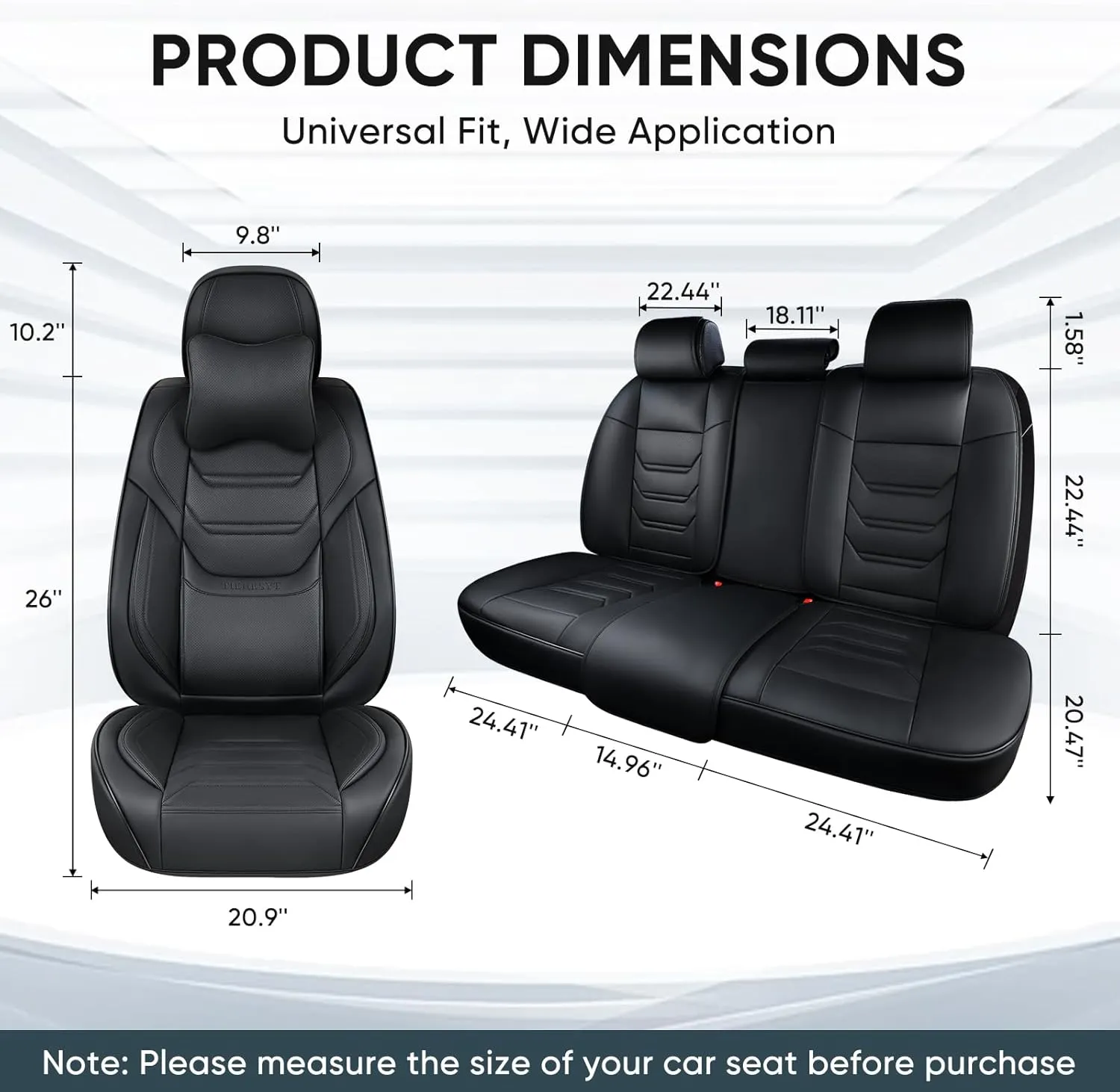 Black Car Seat Covers Full Set, Breathable Leather Automotive Front and Rear Seat Covers with Headrest, Waterproof Auto Seat Protectors Fit for Most Sedans SUV Pick-up Truck