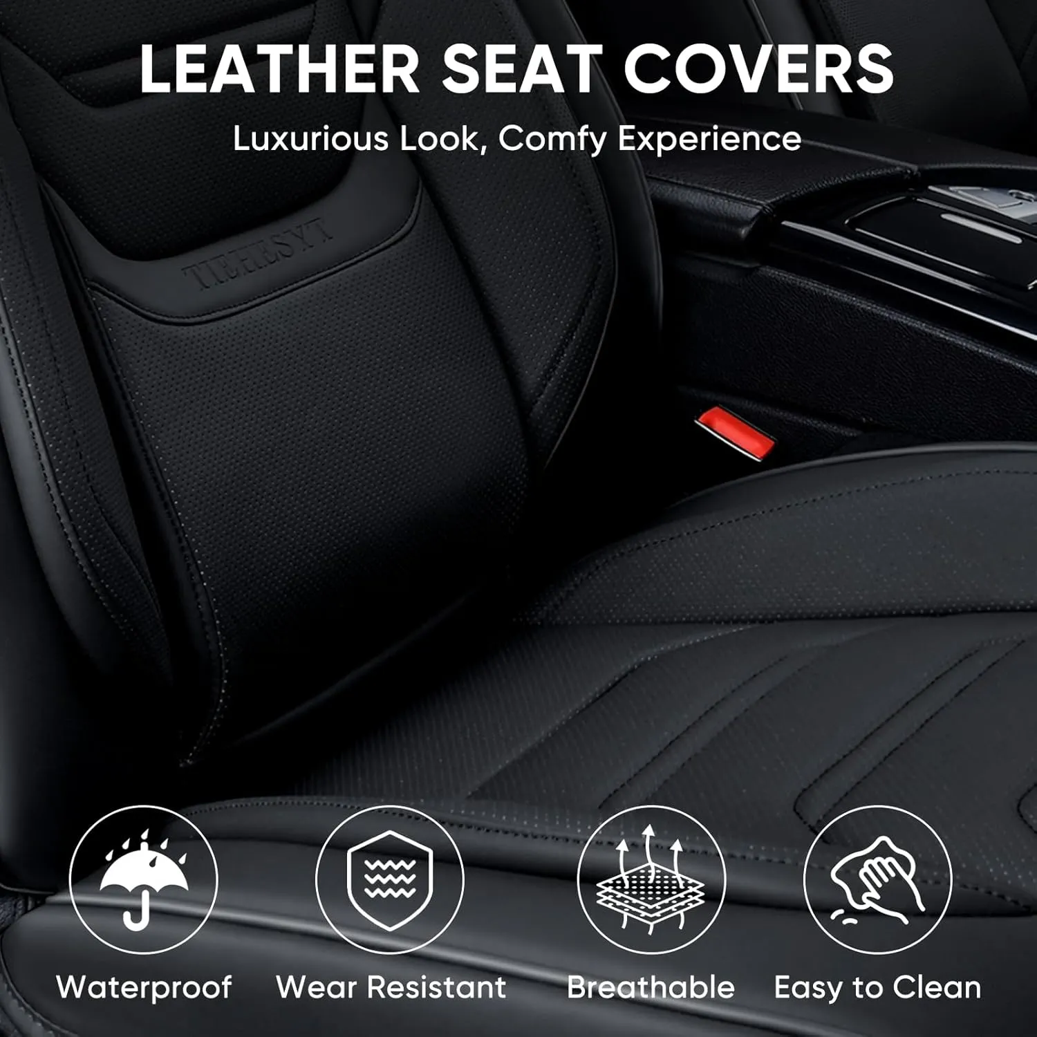 Black Car Seat Covers Full Set, Breathable Leather Automotive Front and Rear Seat Covers with Headrest, Waterproof Auto Seat Protectors Fit for Most Sedans SUV Pick-up Truck