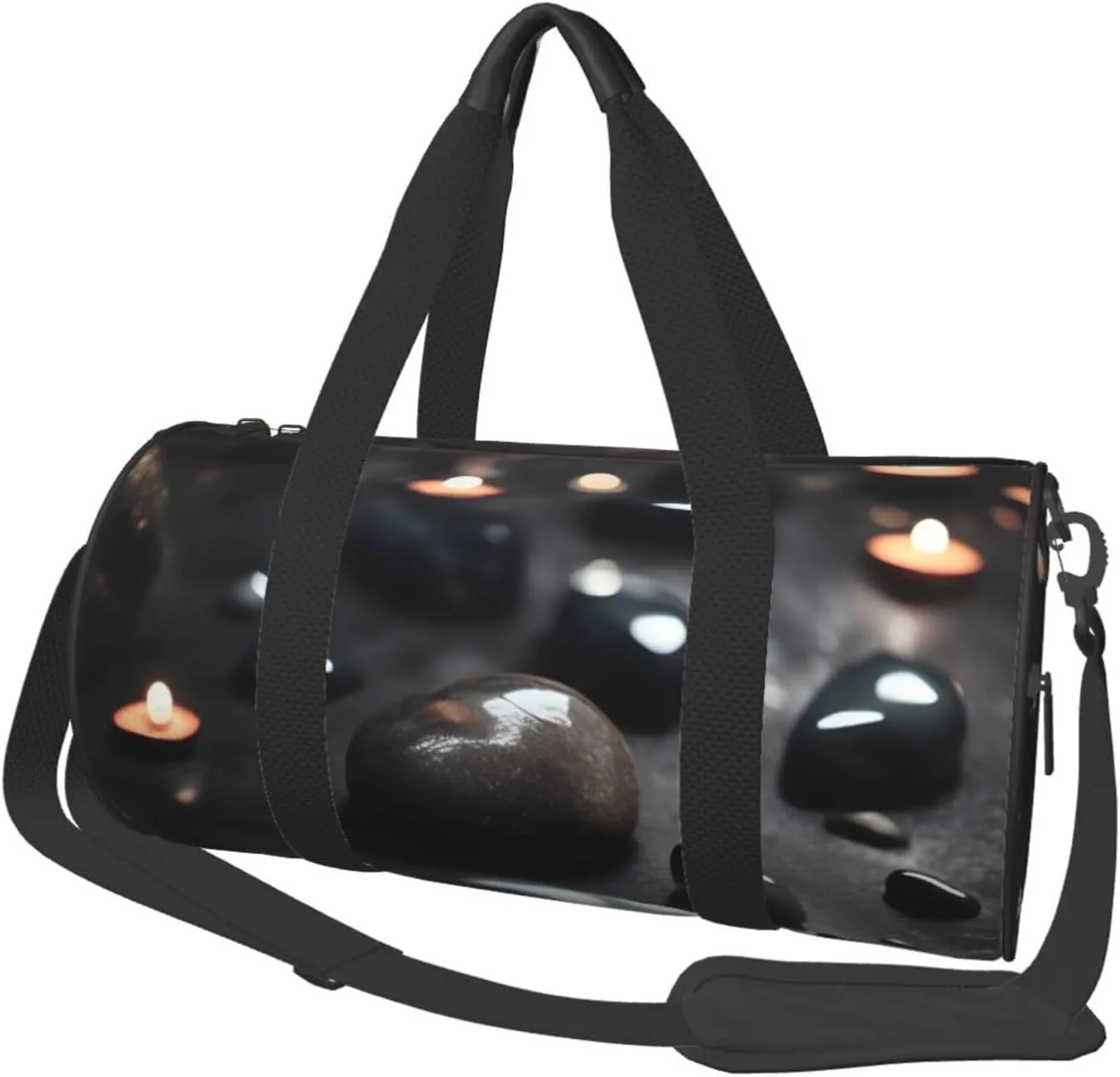 Black Mystery Heart Stone# Round Large Capacity Foldable Duffel Bag For Women Men, Gym Tote, Sports Duffel.