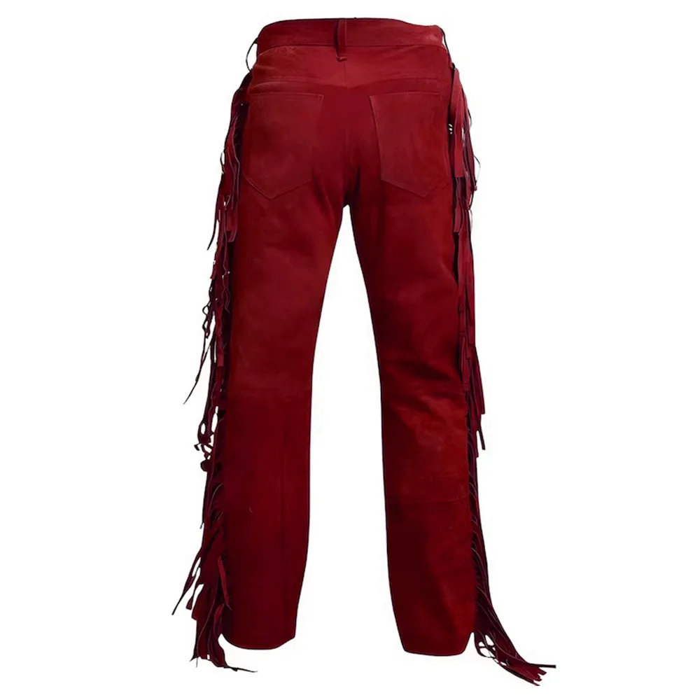 Black Suede Leather Fringe Pants For Men Western Pant MFP1102