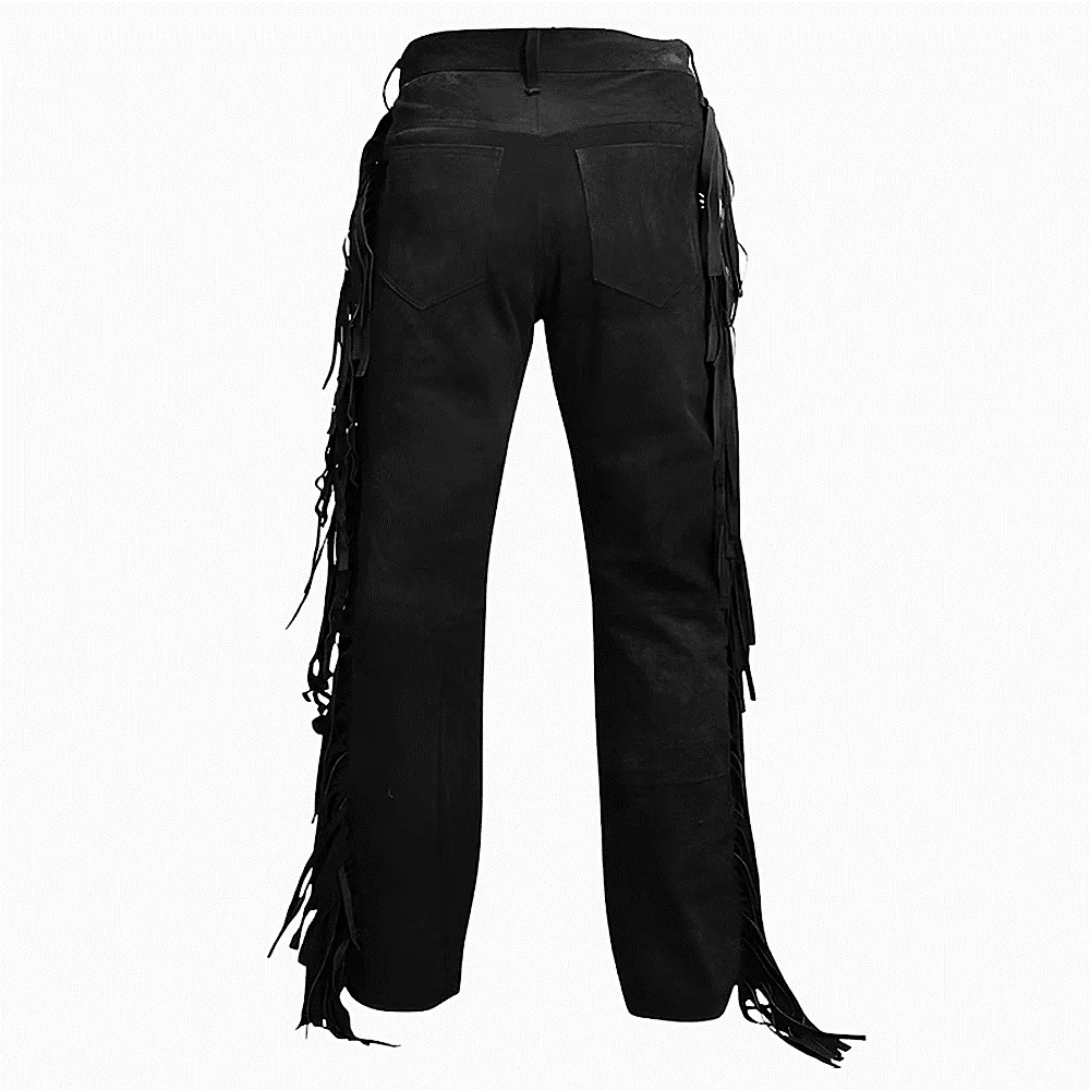 Black Suede Leather Fringe Pants For Men Western Pant MFP1102