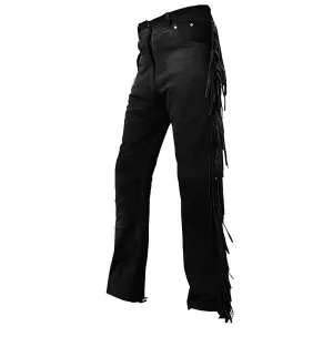 Black Suede Leather Fringe Pants For Men Western Pant MFP1102