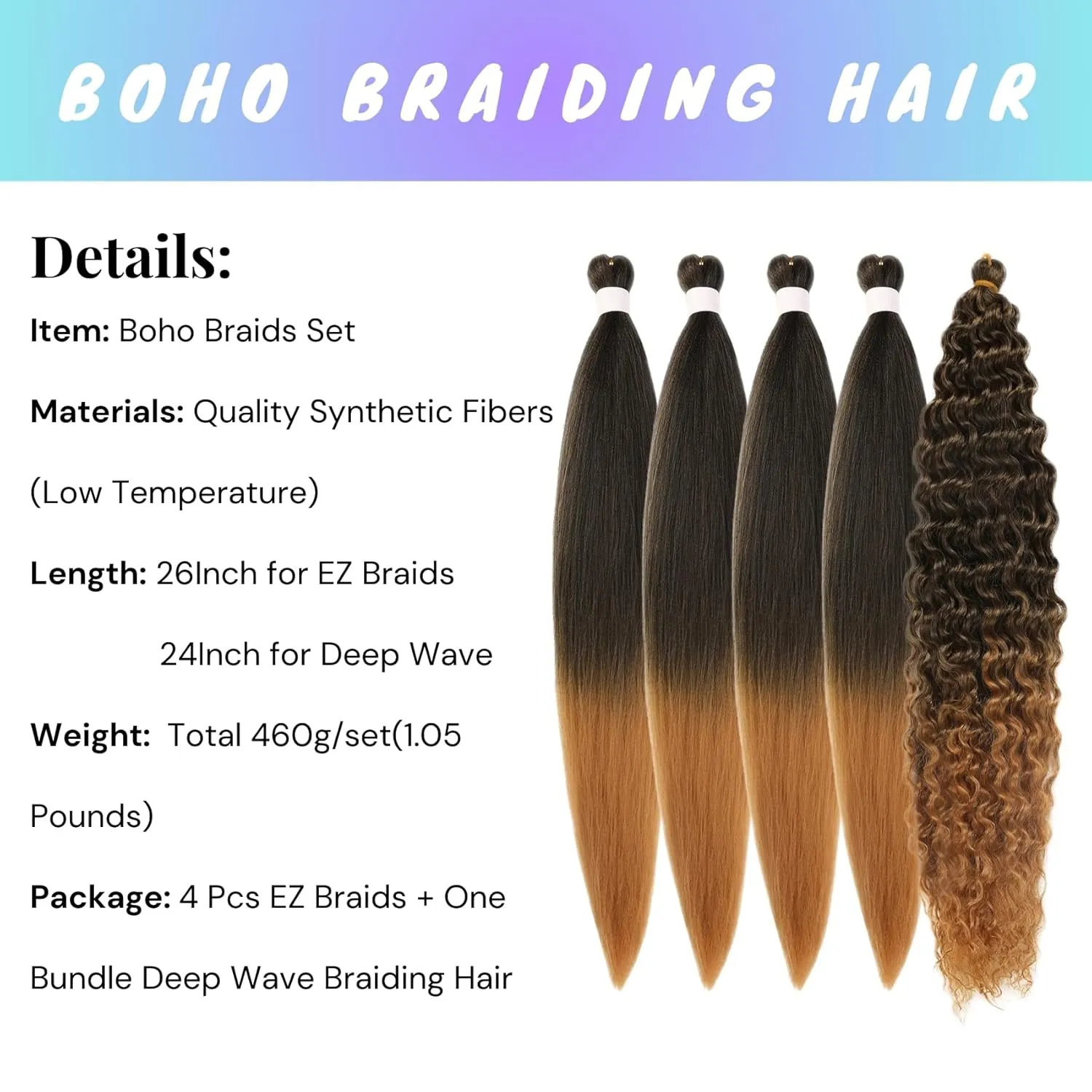 Black to Honey Blonde Braiding Hair Pre Stretched for Boho Braids 1B/27 Synthetic Prestretched EZ Braiding Hair for Knotless Box Bohemian Braids (Total 5 Packs)
