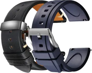 Black/Blue Easy Swapping Quick-Release FKM Rubber & Italian Calfskin Watch Straps Set of 2, 24mm