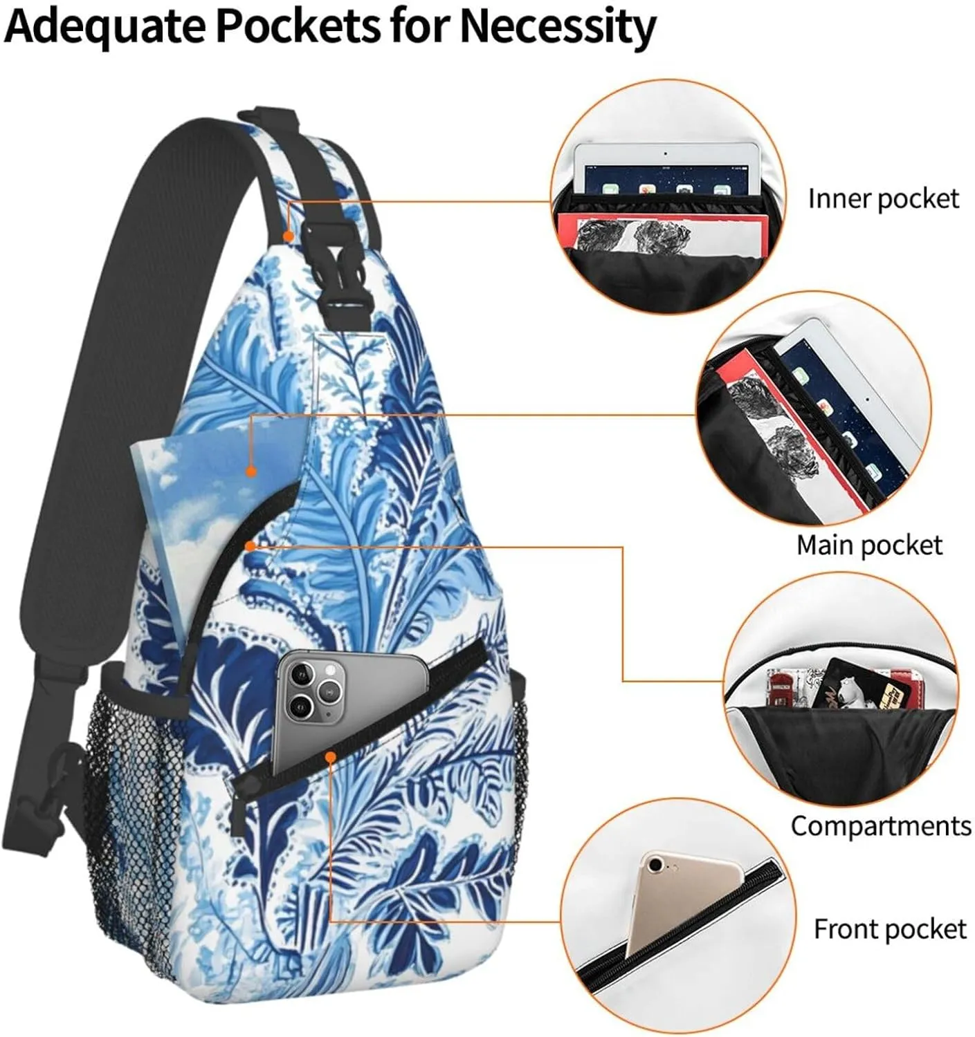Blue And White Paisley Print Cross Chest Bag Diagonally Adjustable Straps Lightweight Sport Crossbody Bags