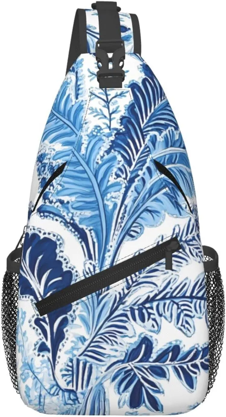Blue And White Paisley Print Cross Chest Bag Diagonally Adjustable Straps Lightweight Sport Crossbody Bags