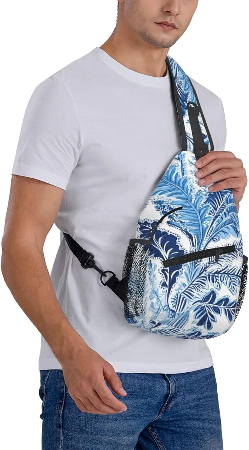 Blue And White Paisley Print Cross Chest Bag Diagonally Adjustable Straps Lightweight Sport Crossbody Bags