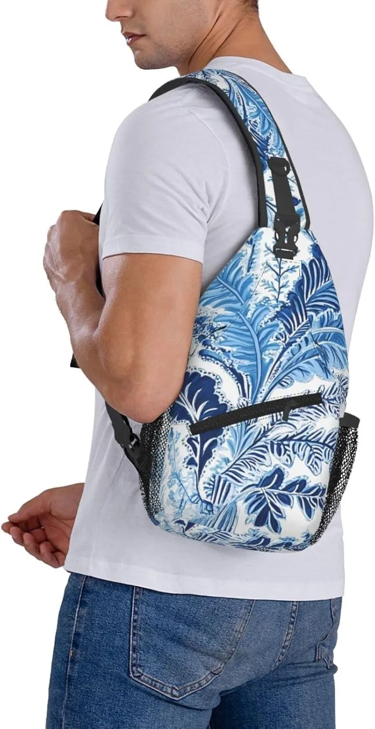 Blue And White Paisley Print Cross Chest Bag Diagonally Adjustable Straps Lightweight Sport Crossbody Bags
