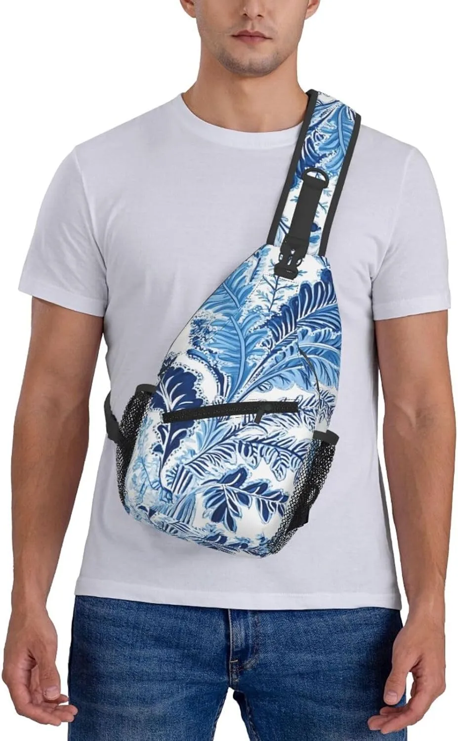Blue And White Paisley Print Cross Chest Bag Diagonally Adjustable Straps Lightweight Sport Crossbody Bags