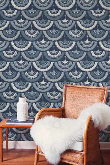 Blue Feather and Fringe Wallpaper