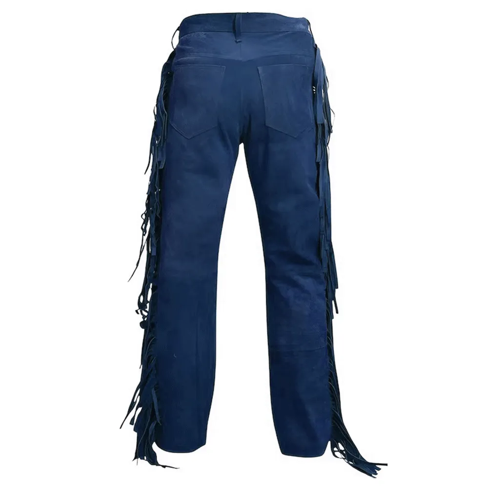 Blue Suede Leather Fringe Pants Jeans Style For Men Western Pant MFP1125