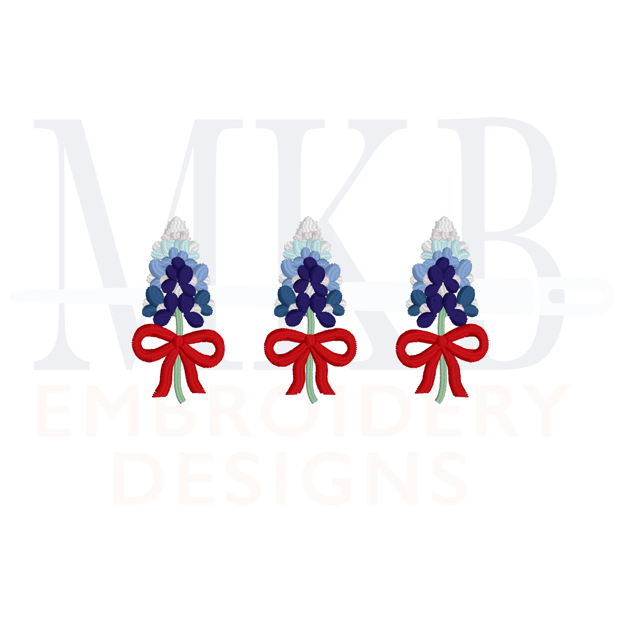 Bluebonnets Bow Trio Embroidery Design, Machine Embroidery Design File