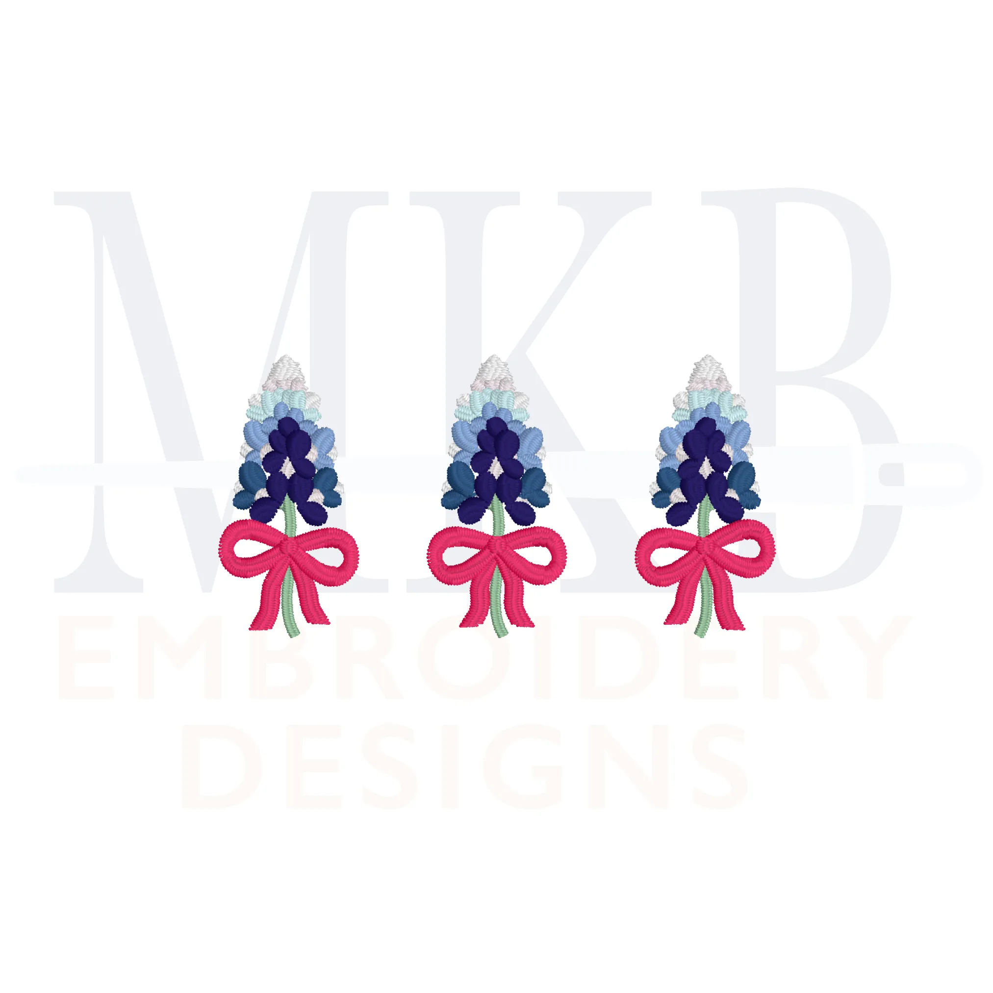 Bluebonnets Bow Trio Embroidery Design, Machine Embroidery Design File