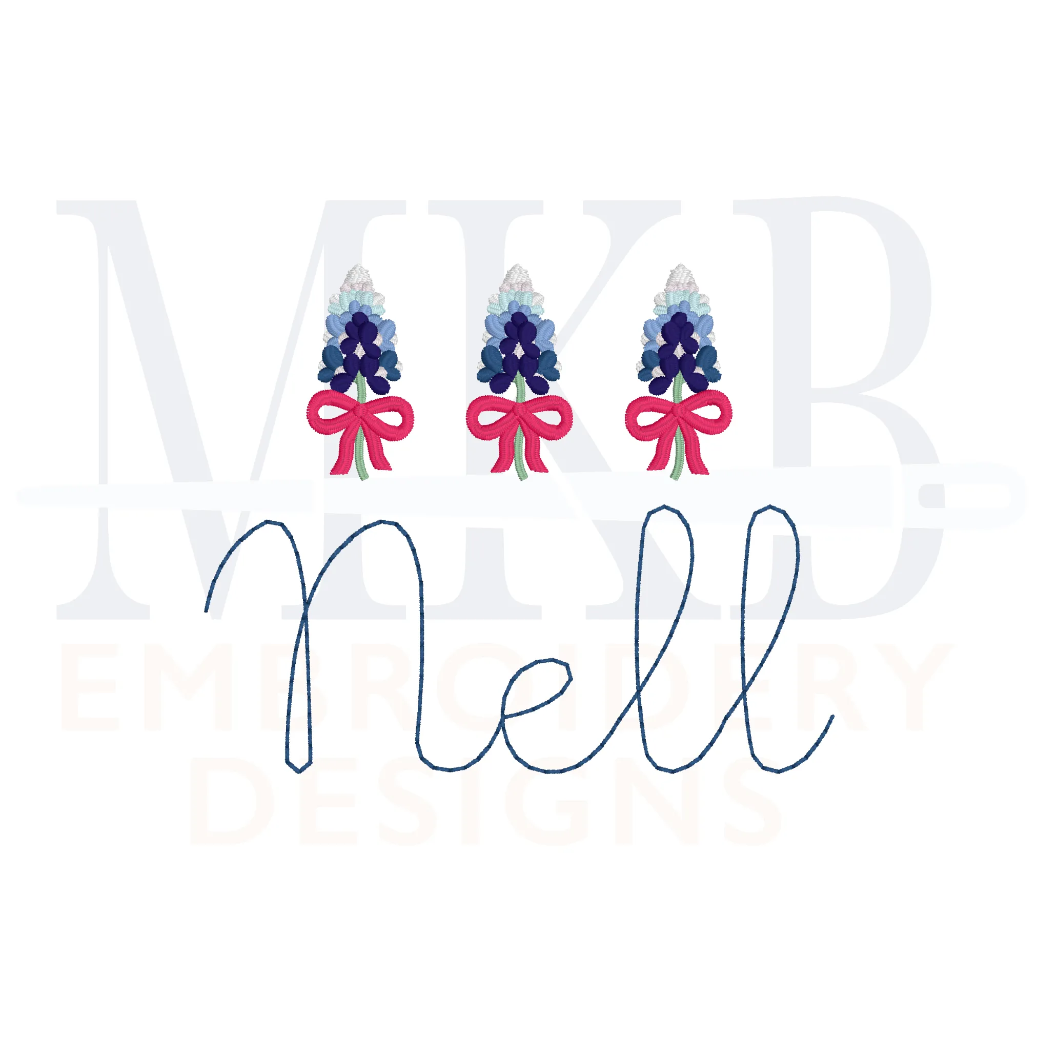 Bluebonnets Bow Trio Embroidery Design, Machine Embroidery Design File