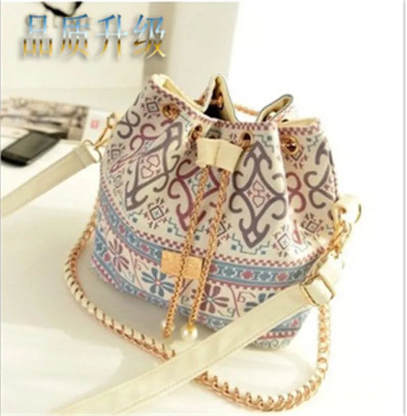 Bohemia Canvas Drawstring Lady Bucket Bag Chains Shoulder Handbags Women's Vintage Messenger Bags Bolsa Feminina Bolsos