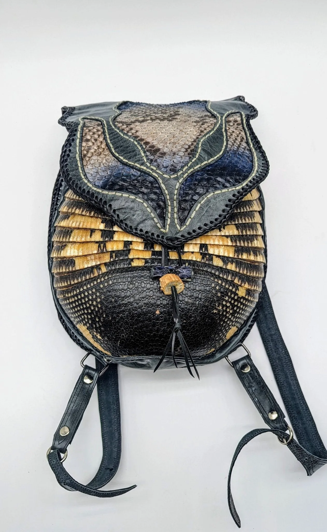 Bohemian Armadillo Snakeskin Whipstitch Leather Backpack with Antler Bone Closure,  Bohemian Bag with Armadillo Shell and Fringe Charm
