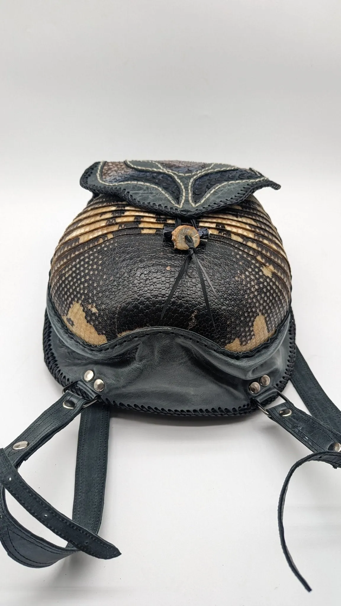 Bohemian Armadillo Snakeskin Whipstitch Leather Backpack with Antler Bone Closure,  Bohemian Bag with Armadillo Shell and Fringe Charm